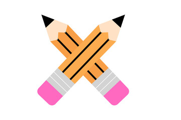 Two crossed pencils with pink erasers in flat design style. Creative education icon on isolated background perfect for school, learning and creative design projects. High resolution PNG