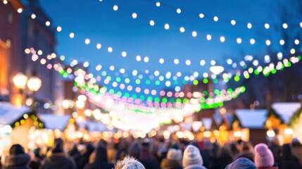 Holiday market bustling with visitors under colorful string lights