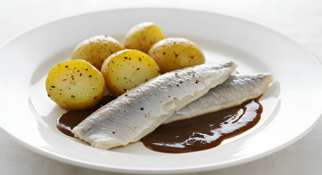 "Lutfisk svedese servito con patate e salsa festiva cremosa"