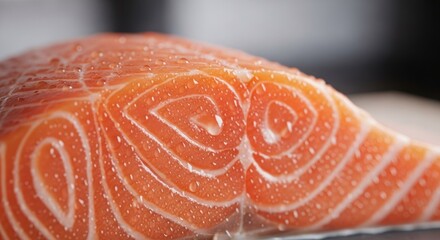 Close-up of a salmon fillet.  Fresh, wet, and glistening.  The pink flesh shows intricate lines