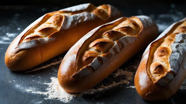Freshly baked golden brown baguettes resting on dark surface with scattered flour showcasing rustic texture and artisanal bread quality