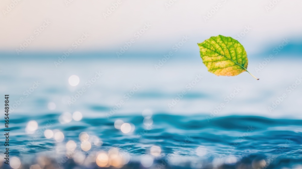 Poster leaf gently floating on the surface of calm water in serene environment