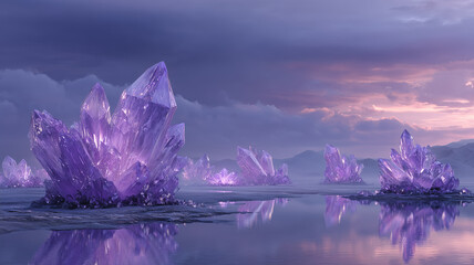 Purple crystal formations in a serene landscape