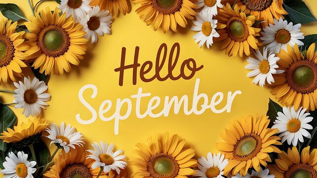 Bright yellow background surrounded by a frame of sunflowers and white daisies with hello september text