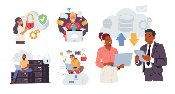 Diverse people characters using safety cloud storage digital service uploading securing data online