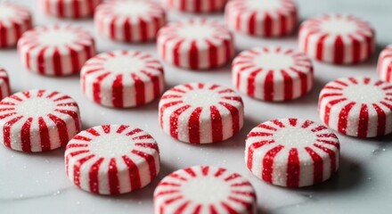 Obraz premium Rows of round, red and white striped hard candies