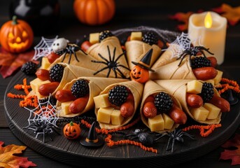 Photo of creative halloween party food snack appetizer made with sausage, cheese, and blackberry in a corn cone, decorated with spiders and witch hat, perfect for a spooky holiday celebration
