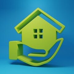 Green House in hand icon isolated on blue background. Insurance concept. Security, safety, protection, protect concept. Minimalism concept. 3D render illustration