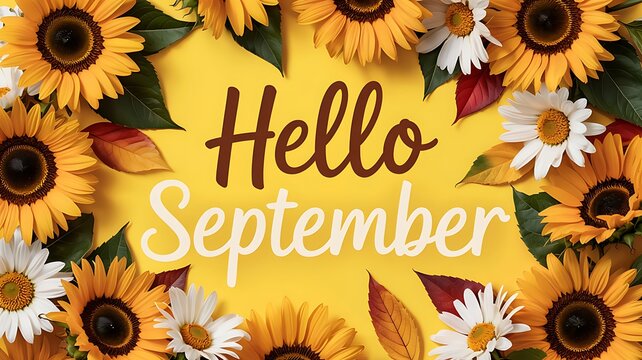 Warm hello september greeting surrounded by a vibrant frame of blooming sunflowers and autumn leaves on a sunny yellow background
