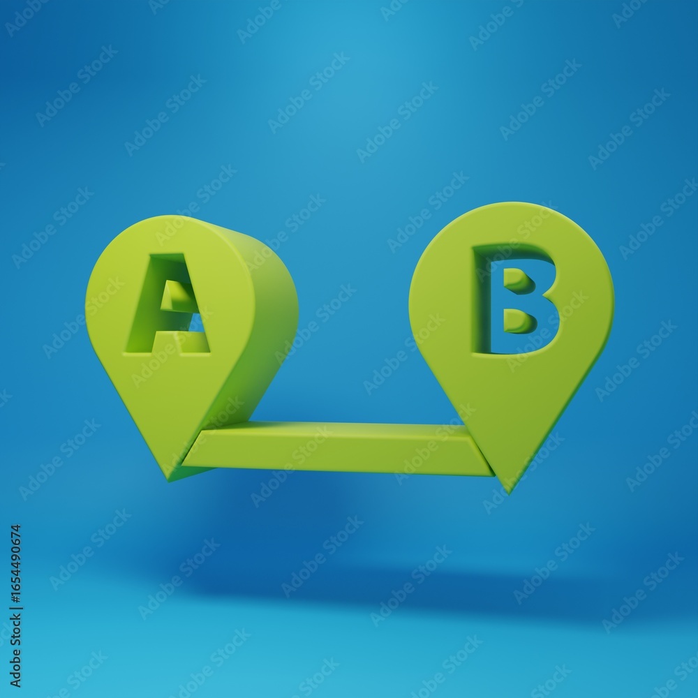 Poster green route location icon isolated on blue background. map pointer sign. concept of path or road. gp