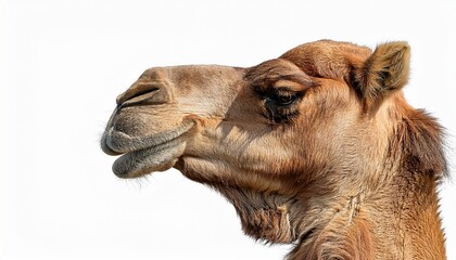 Obraz premium A close-up of a camel’s head, showcasing its distinct features like the large, expressive eyes, curved nose, and thick fur, set against a plain white background.