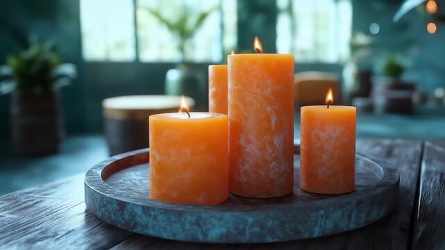 Illuminating Ambiance: A quartet of vibrant, glowing candles cast a warm, inviting light, positioned artfully on a rustic tray, ready to create a cozy environment.