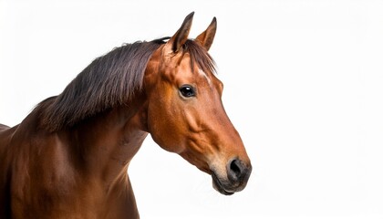 A close-up of a horse’s head, with a plain white background, showcasing its features, including its mane and eyes in detail.