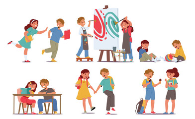 Happy school friends cartoon children characters spending fun time together isolated scene set