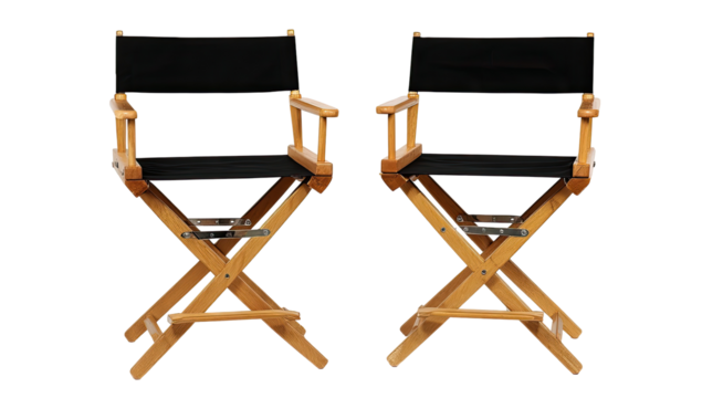 Two black canvas director's chairs, light-brown wood frame, studio style