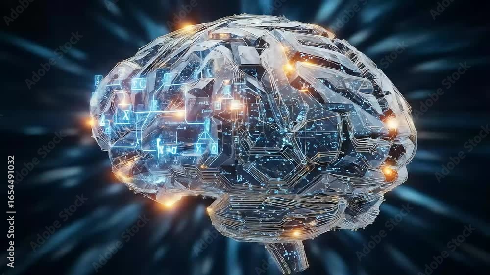 Poster Futuristic digital brain with glowing circuits surrounded by a dynamic light background