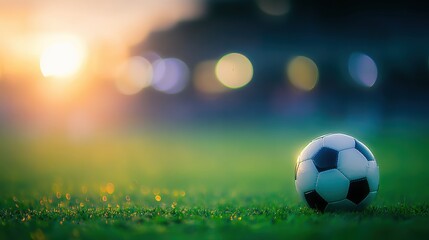 Naklejka premium Soccer ball resting on the grass during sunset at a game field