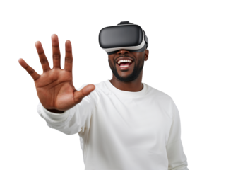 Enthusiastic man wearing VR headset exploring the expansive immersive virtual realm isolated