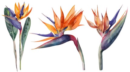 Ultra realistic watercolor style illustration of bird of paradise, high detailed, close up, isolated on white