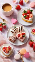 Heart-shaped desserts with strawberries, macarons, and coffee on a pastel background for a romantic treat