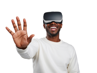 Enthusiastic man interacting in immersive virtual environment with isolated transparent background