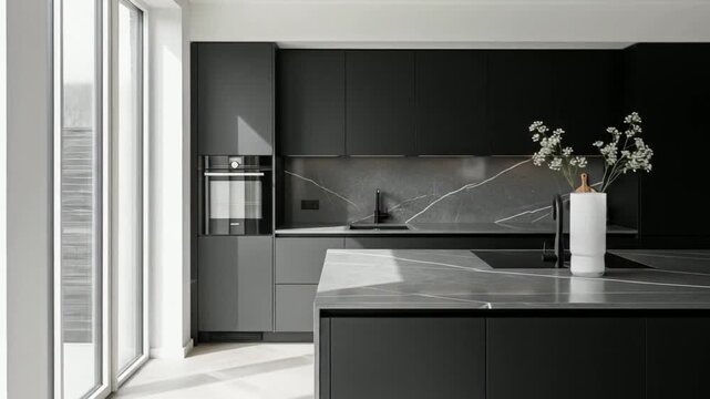 Showcasing Sleek Modern Kitchen Design with Dark Cabinets and Marble Countertops