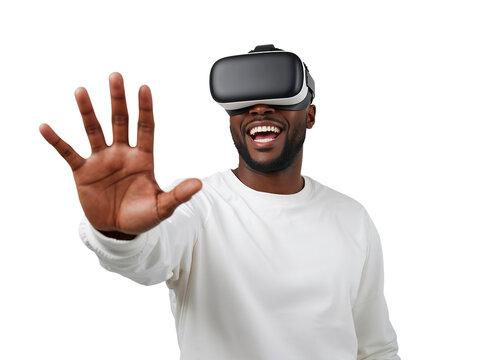 Enthusiastic man wearing VR headset exploring the expansive immersive virtual realm isolated