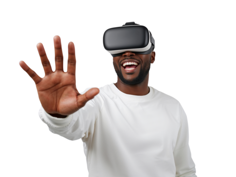 Enthusiastic man wearing VR headset exploring the expansive immersive virtual realm isolated