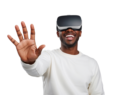 Enthusiastic man interacting in immersive virtual environment with isolated transparent background