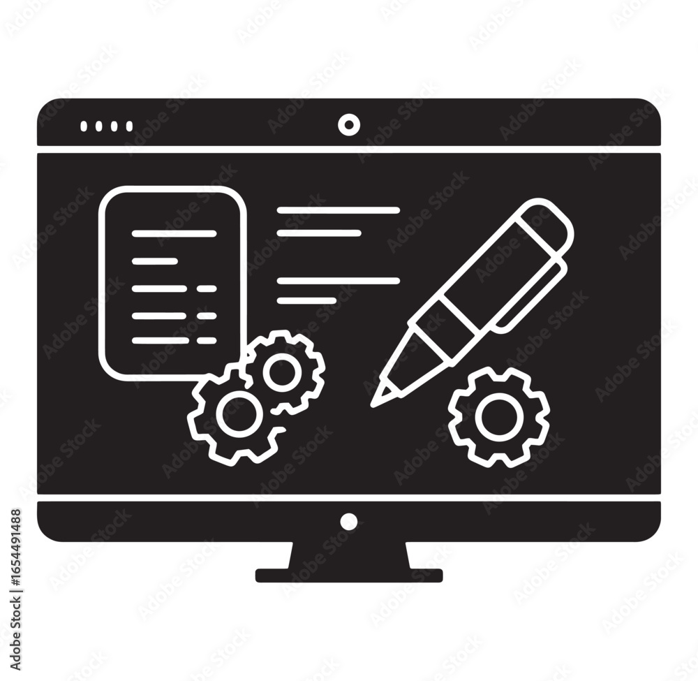 Aufkleber digital project management concept depicted on a computer screen with gears and pen