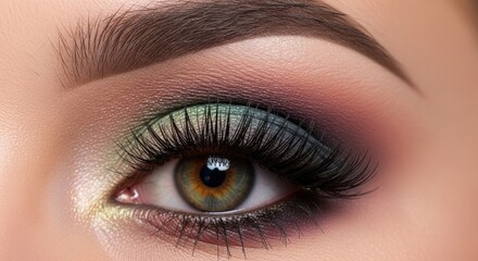 Obraz premium Close-up of a woman's eye with a multi-toned eyeshadow look. Soft, pastel hues blend to create a vibrant, natural look. Long, dark lashes accentuate the eye