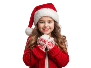 Festive season joy, a sweet girl in santa hat and mittens, holiday cheer with transparent background