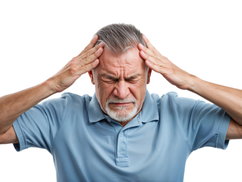 Senior man experiencing severe headache or migraine with intense pain pressure points