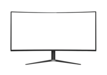 A modern black curved gaming computer monitor with a blank white screen. Isolated on transparent background, png