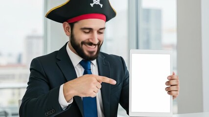 Businessman Wearing Pirate Hat in Office holding tablet white screen mockup. International Talk Like a Pirate Day September 19