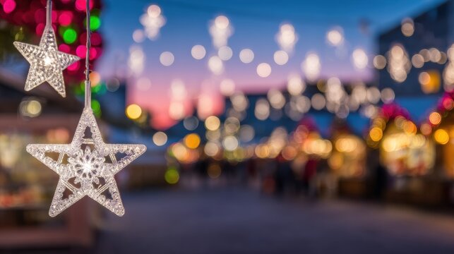 Sparkling stars illuminate a festive market during twilight