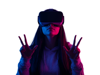 Immersive virtual reality experience with neon lighting, showcasing future technology trends and