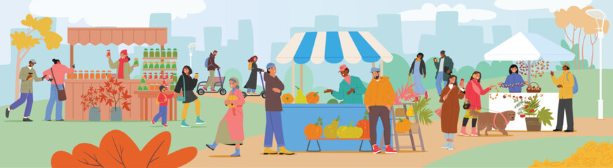 Crowd of people characters doing shopping at autumn farm market in city park during harvest festival