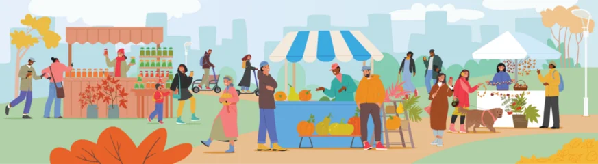 Fototapeten Bauernhof Crowd of people characters doing shopping at autumn farm market in city park during harvest festival  © Anna Syvak