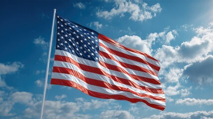 Fototapeta premium The American flag is hoisted on a pole, fluttering in the breeze against a vibrant blue sky adorned with white clouds. The scene captures a moment of patriotism on a clear day.