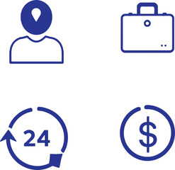 Fototapeta premium Blue Business Service Icons Set — Location Pin, Briefcase, 24-Hour Support, Dollar Sign Symbol for Corporate Concepts