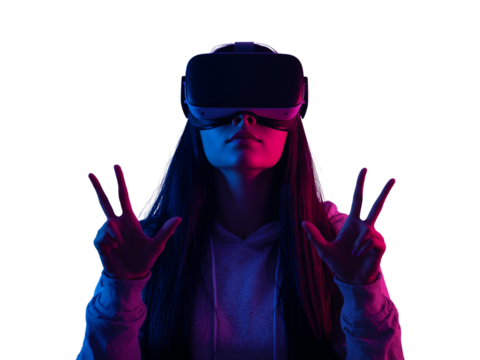 Immersive virtual reality experience with neon lighting, showcasing future technology trends and