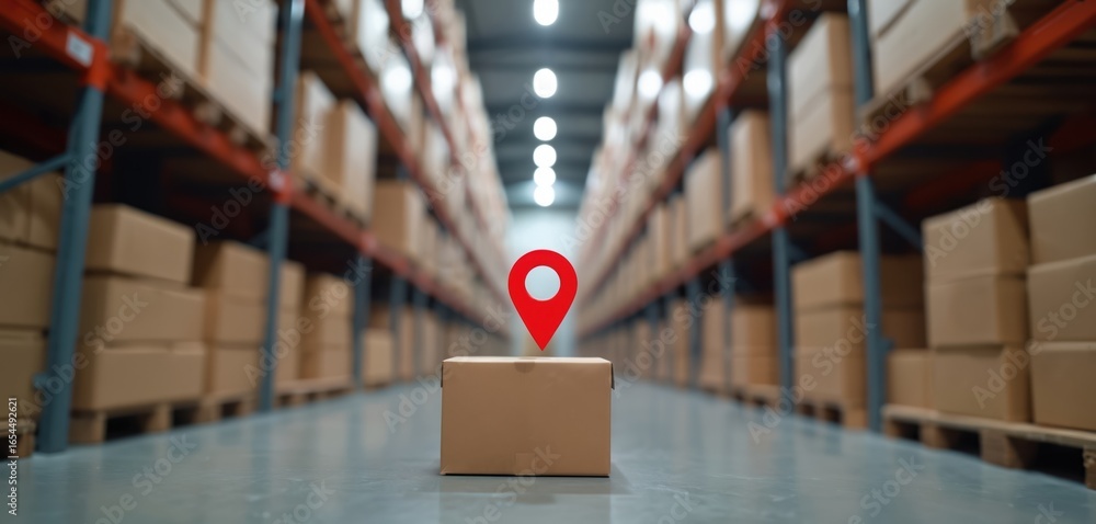 Poster warehouse shelves stacked high with boxes. focus on single package marked with red geolocation pin. 