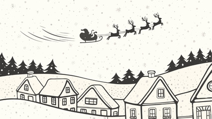 Santa claus flying over a snowy village with reindeer and christmas trees in a winter wonderland scene