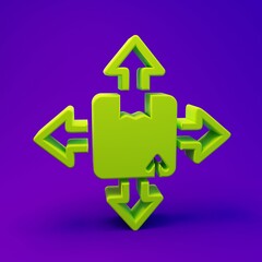 Green Carton cardboard box icon isolated on purple-blue background. Box, package, parcel sign. Delivery and packaging. Minimalism concept. 3D render illustration