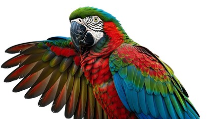 Obraz premium A vibrant parrot with colorful plumage stands isolated on a white background.