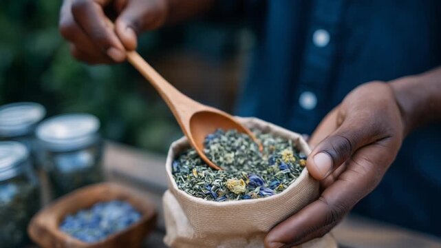 Discover the art of zero-waste, organic herbal tea preparation with a close-up of hands scooping mixed dried herbs from an unbleached paper pouch.
