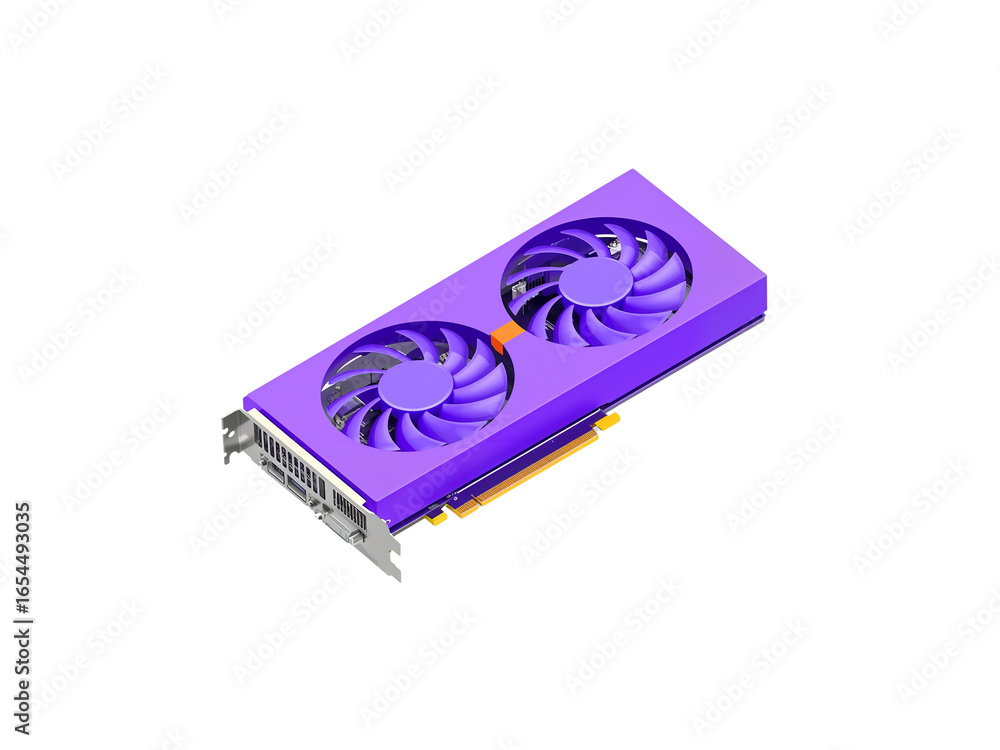 Poster isolated purple dual fan graphics card, enhancing visual computing performance for modern