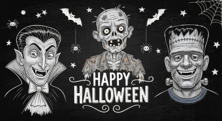 spooky black and white monster illustration with a happy halloween greeting