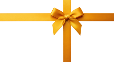 A beautiful golden satin gift ribbon bow tied in a horizontal cross shape. Isolated on transparent background, png